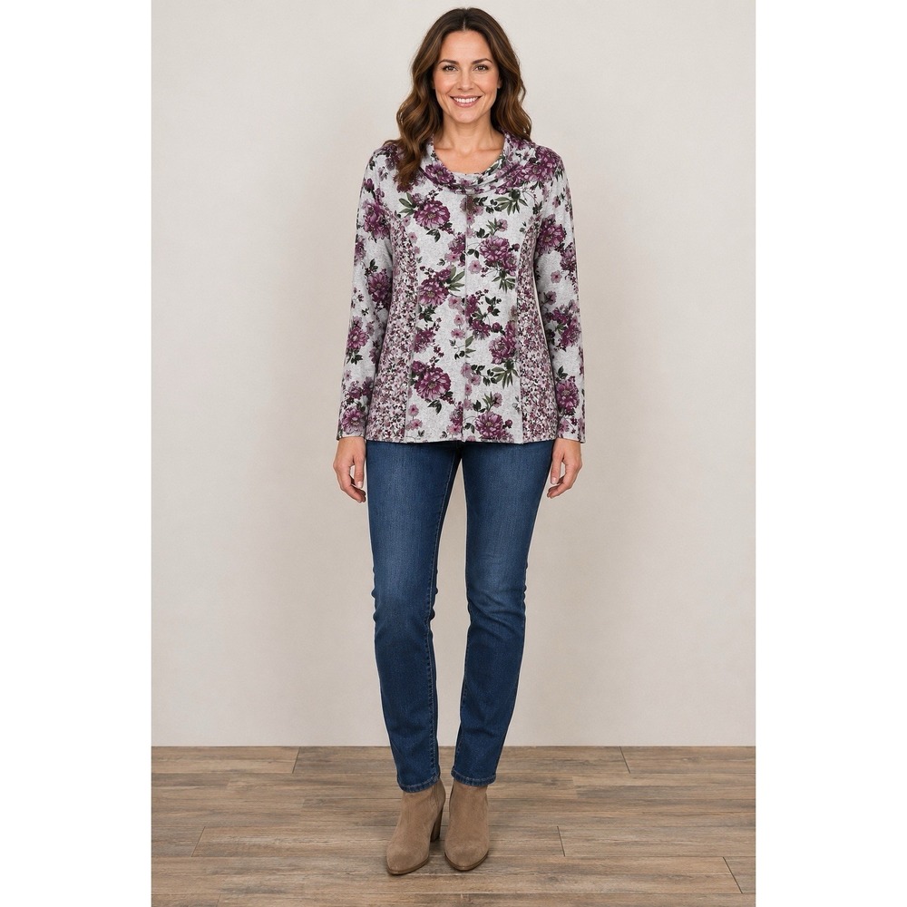 One World Women's XL Floral Print Cowl Neck Soft Knit Top Boho Long Sleeve NWT